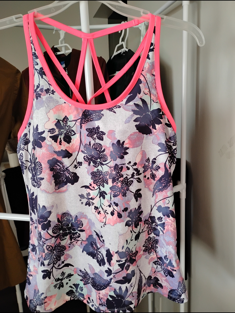 Joe Fresh Women's Active Floral Strappy  Pink/Navy Yoga Workout Tank Top